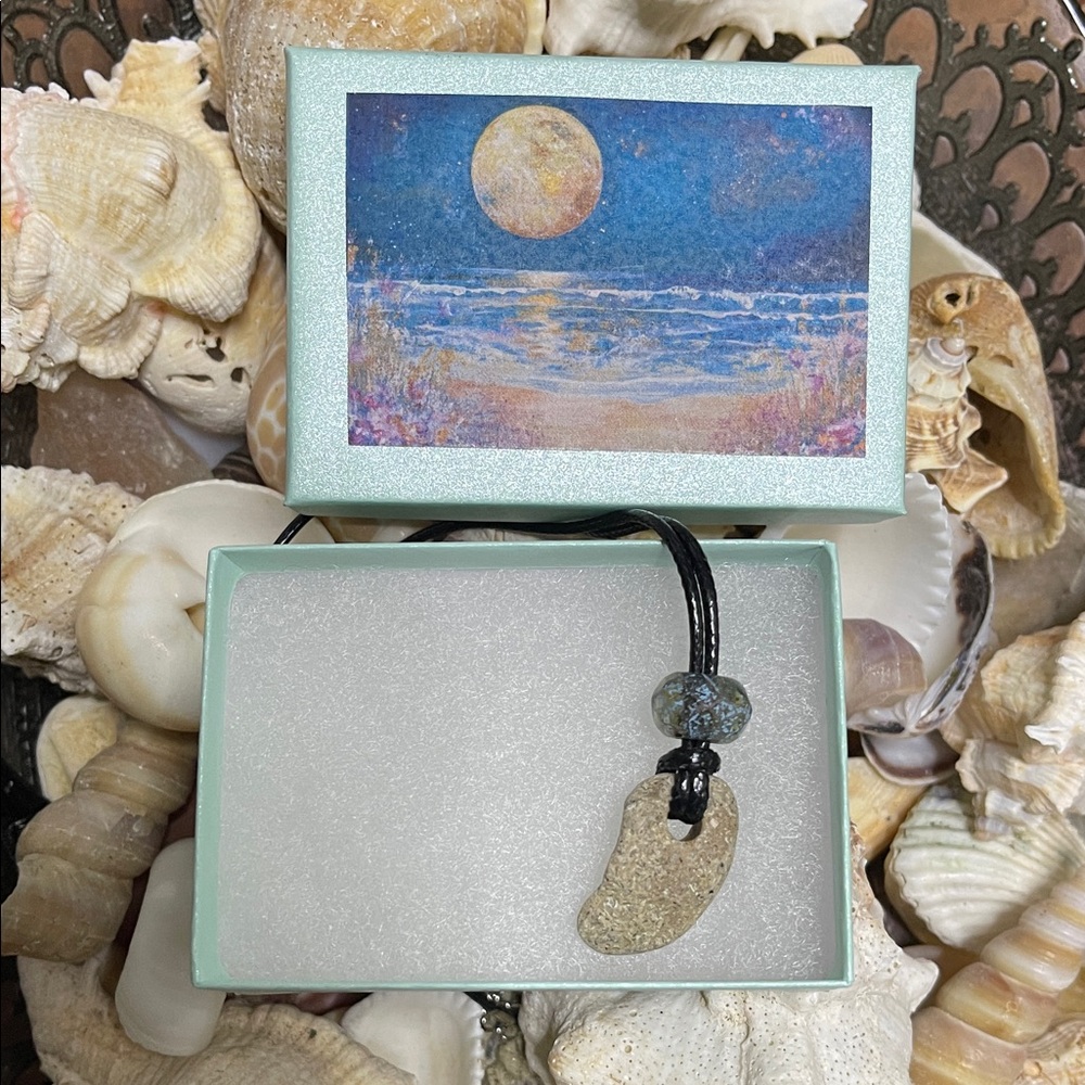 Beach Stone Pendant Necklace with Czech Blue Glass Bead